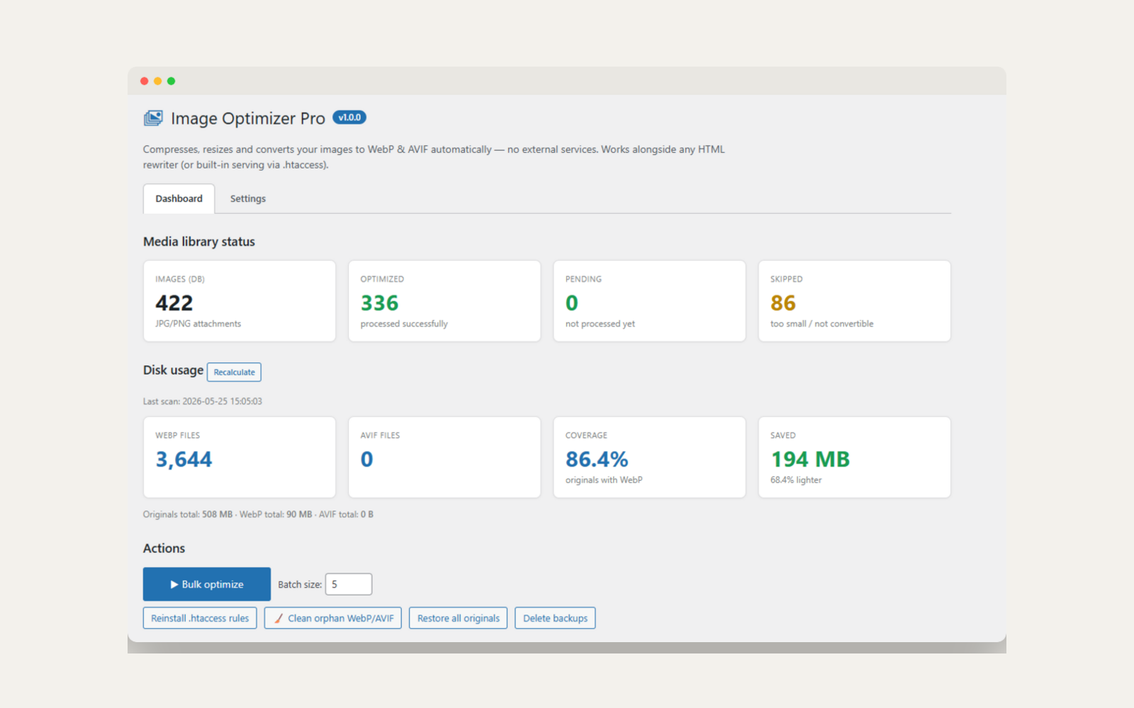 Panel de Image Optimizer Pro