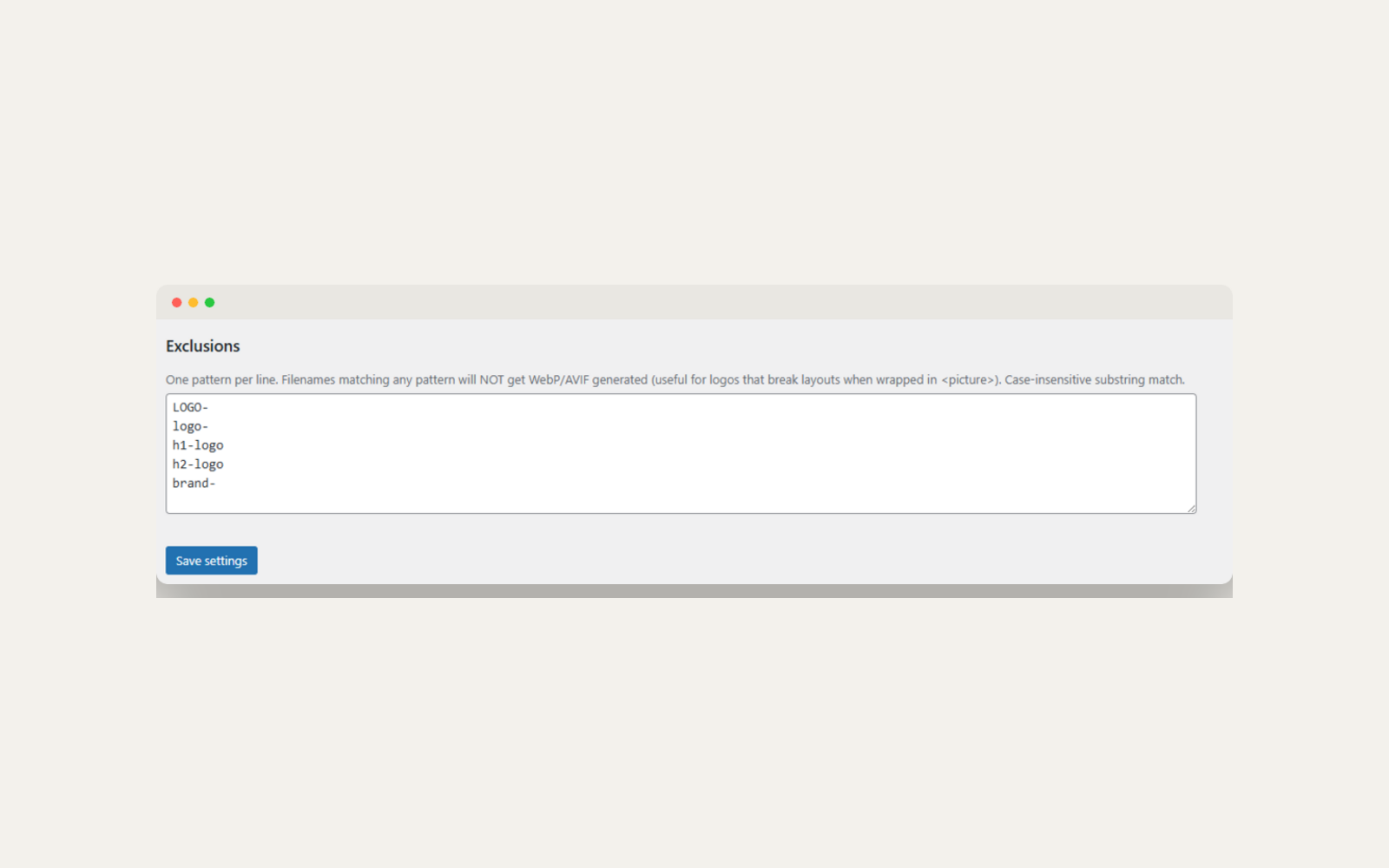 Exclusiones de Image Optimizer Pro