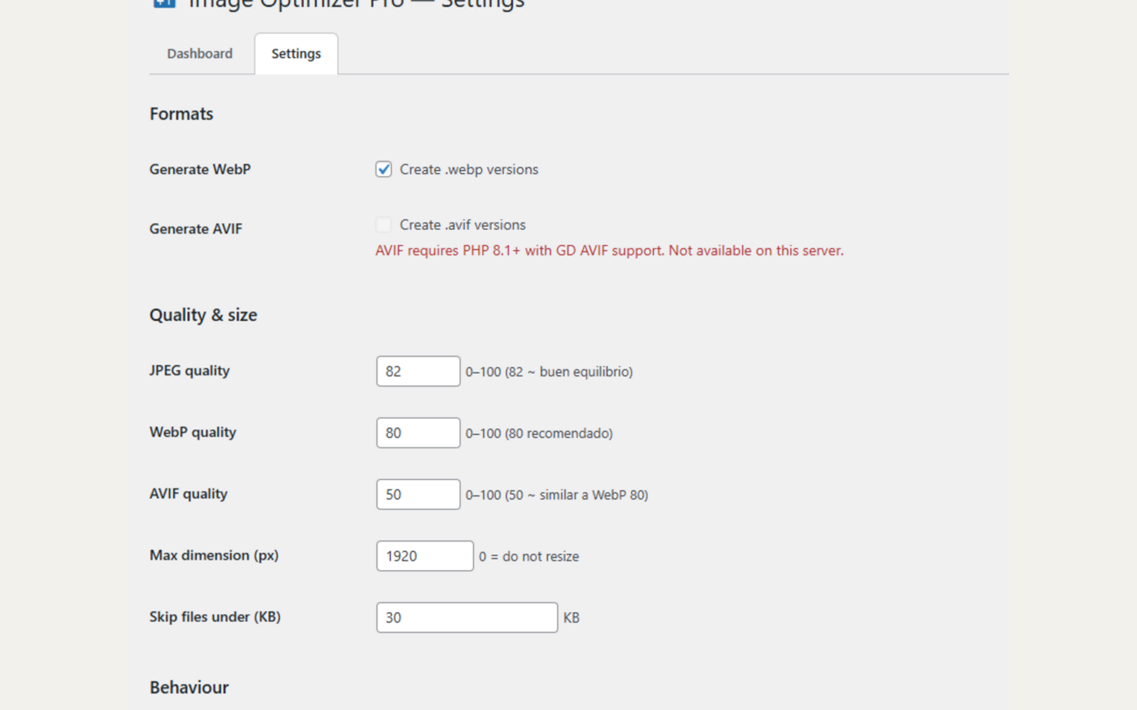 Ajustes de Image Optimizer Pro